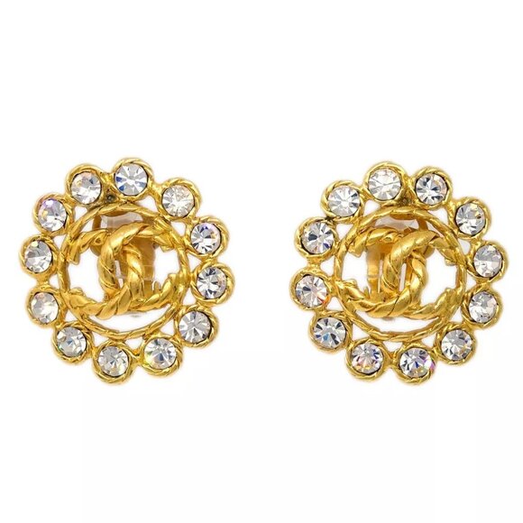 Chanel Gold Button Earrings Clip-On Rhinestone 93A 152707 - Picture 1 of 4